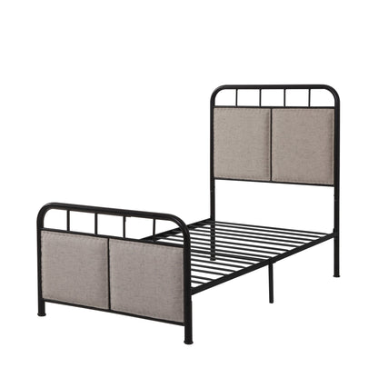 Twin size black metal platform bed frame with linen upholstered headboard and footboard on Tampa Home & Garden Store