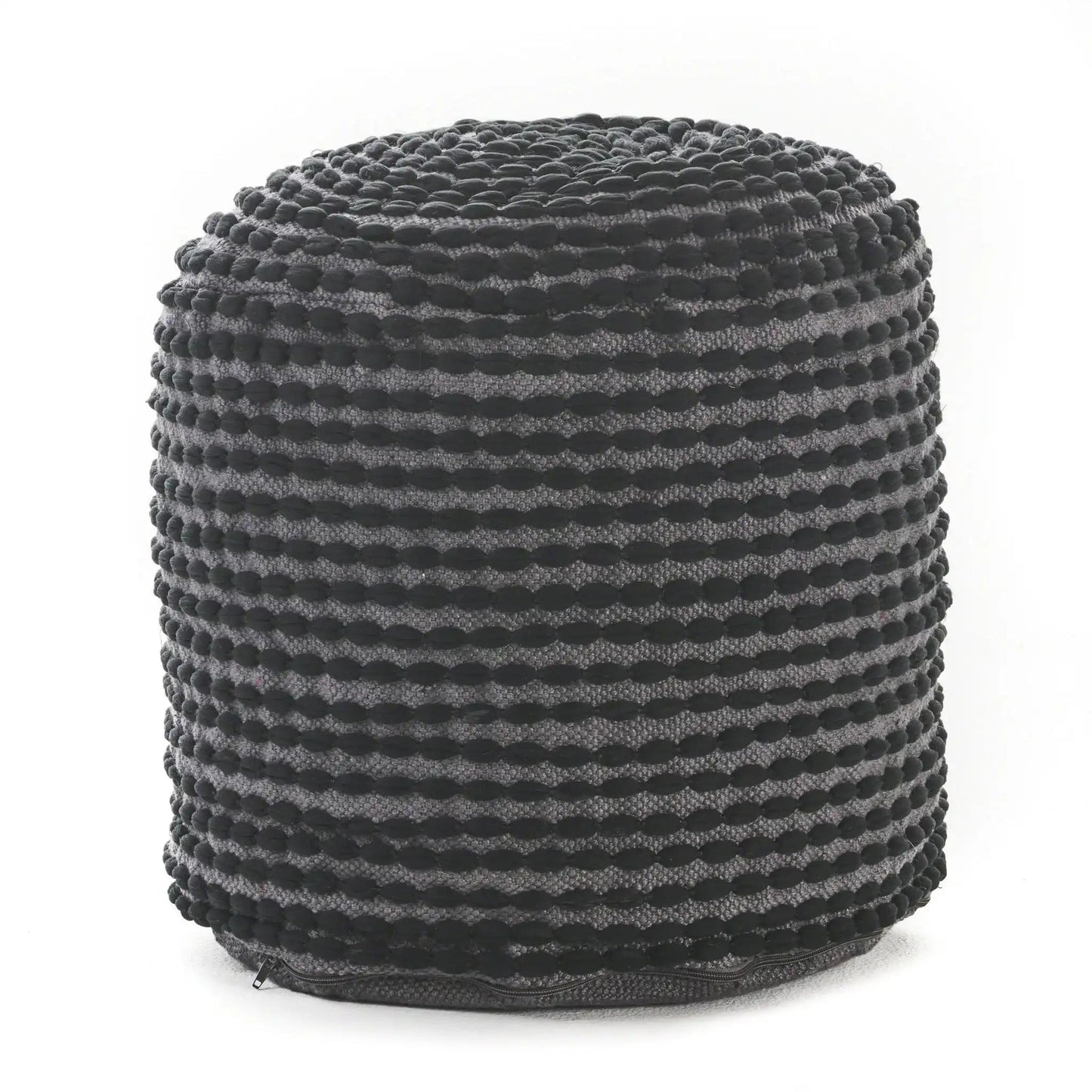 River Handcrafted Cylindrical Pouf in water resistant fabric, gray textured boucle ottoman on Tampa Home & Garden Store