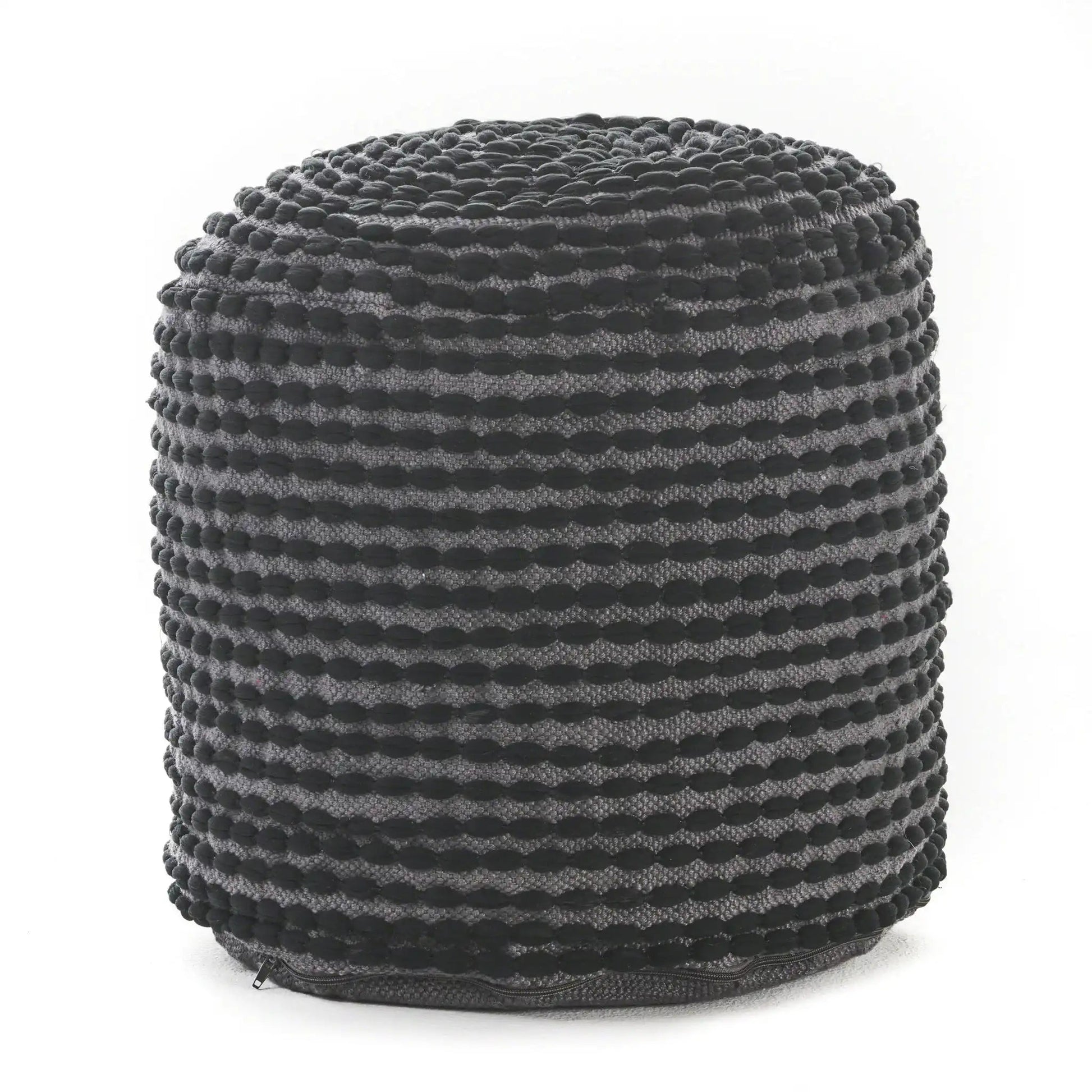 River Handcrafted Cylindrical Pouf in water resistant fabric, gray textured boucle ottoman on Tampa Home & Garden Store