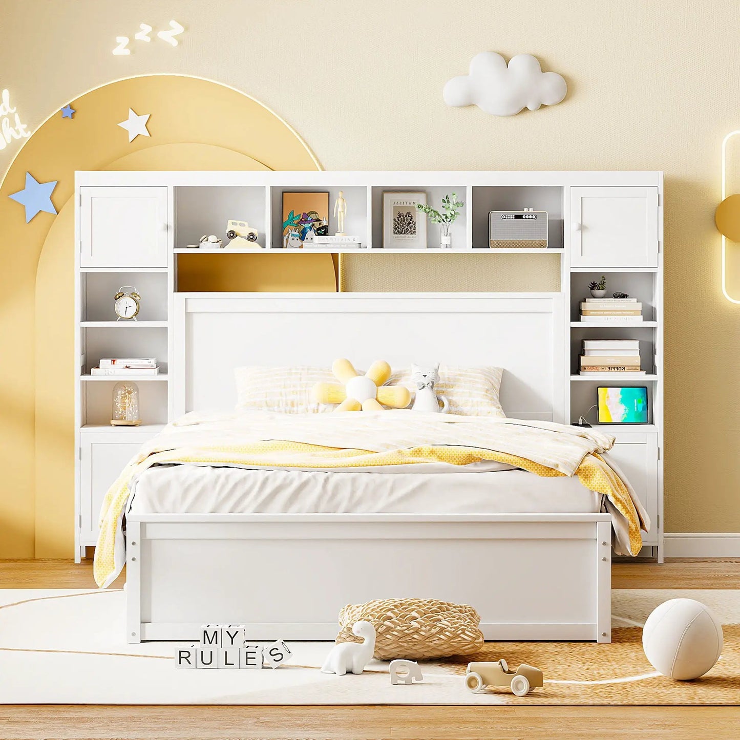 White cabinet bed with all-in-one storage, shelf and sockets, twin long trundle by Unique Piece Furniture on Tampa Home & Garden Store