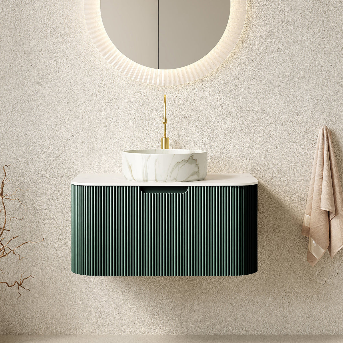 Modern Bath Vanity with ceramic basin on green ribbed cabinet, gold faucet, mirror HouseOfZazla on Tampa Home & Garden Store