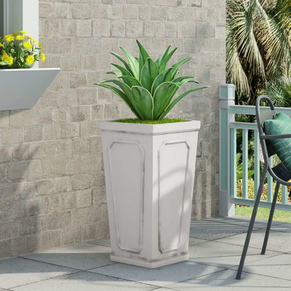 Outdoor Planter light-gray rectangular with decorative panels housing a green agave plant on Tampa Home & Garden Store