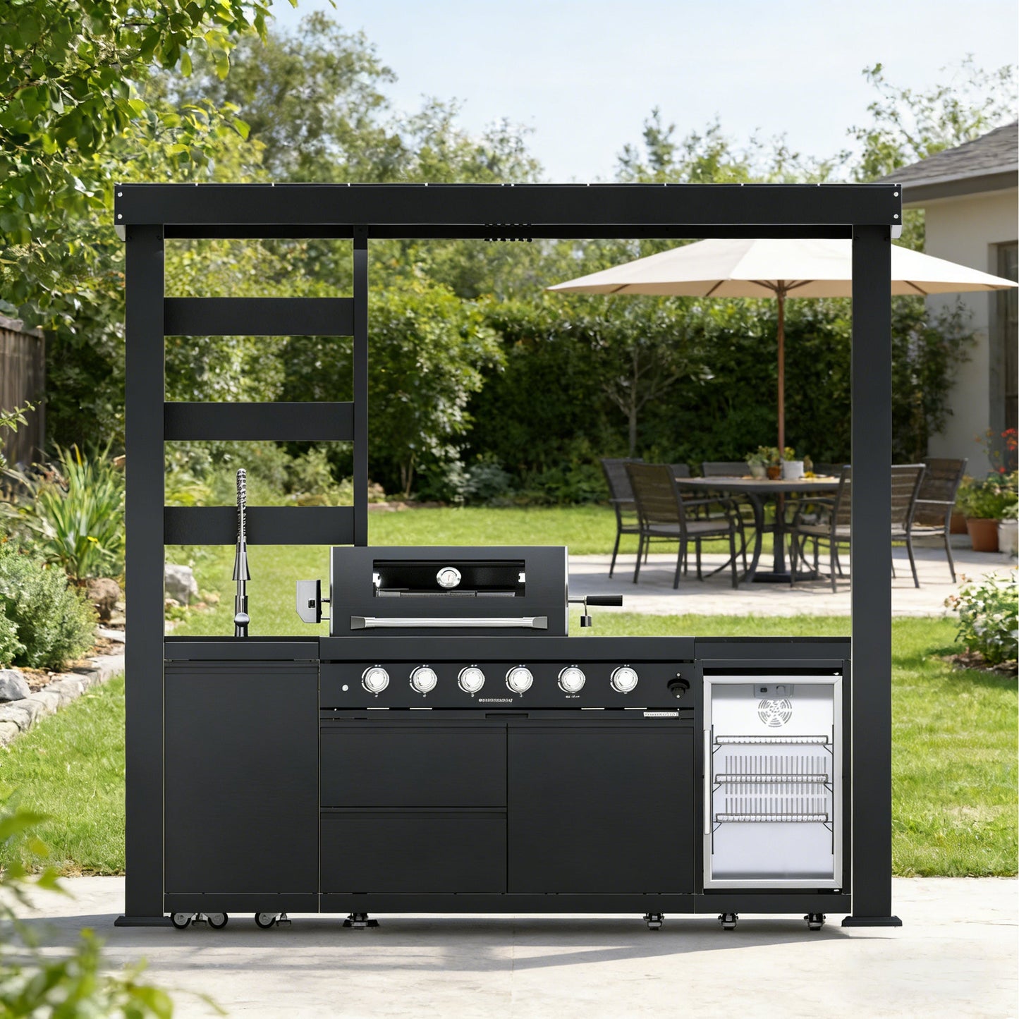 97-Inch 4-Burner Deluxe Stainless Grill for Outdoor Kitchen with black frame and storage on Tampa Home & Garden Store
