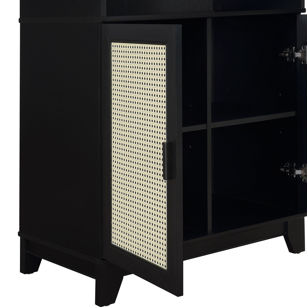 Sheridan bookcase cabinet with modern cane panels, black finish, 7 shelves on Tampa Home & Garden Store
