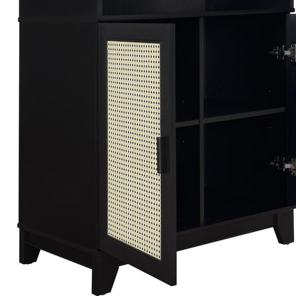 Sheridan bookcase cabinet with modern cane panels, black finish, 7 shelves on Tampa Home & Garden Store