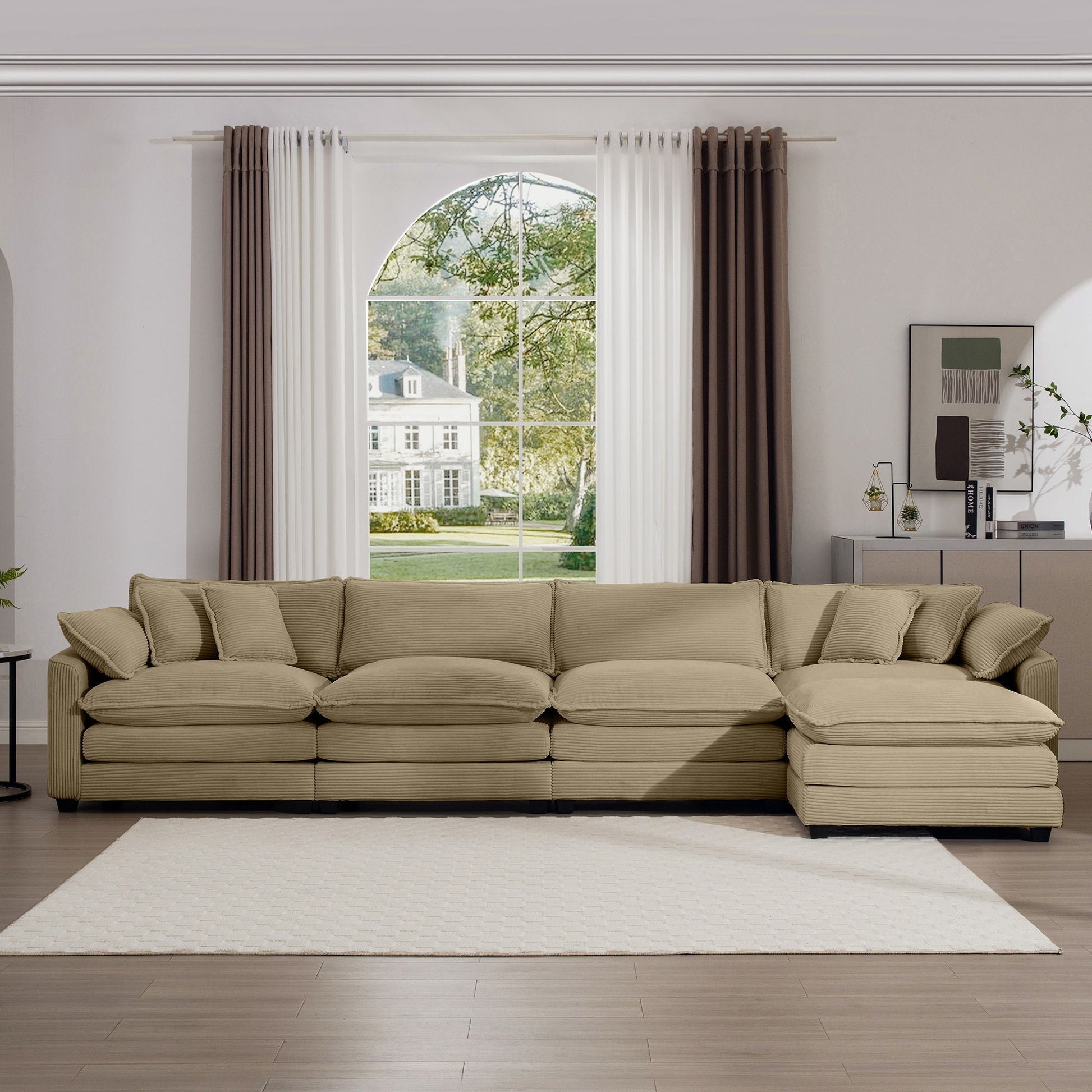 Modular cushion sofa with ottoman, beige fabric, low back, deep seating 2-piece set on Tampa Home & Garden Store