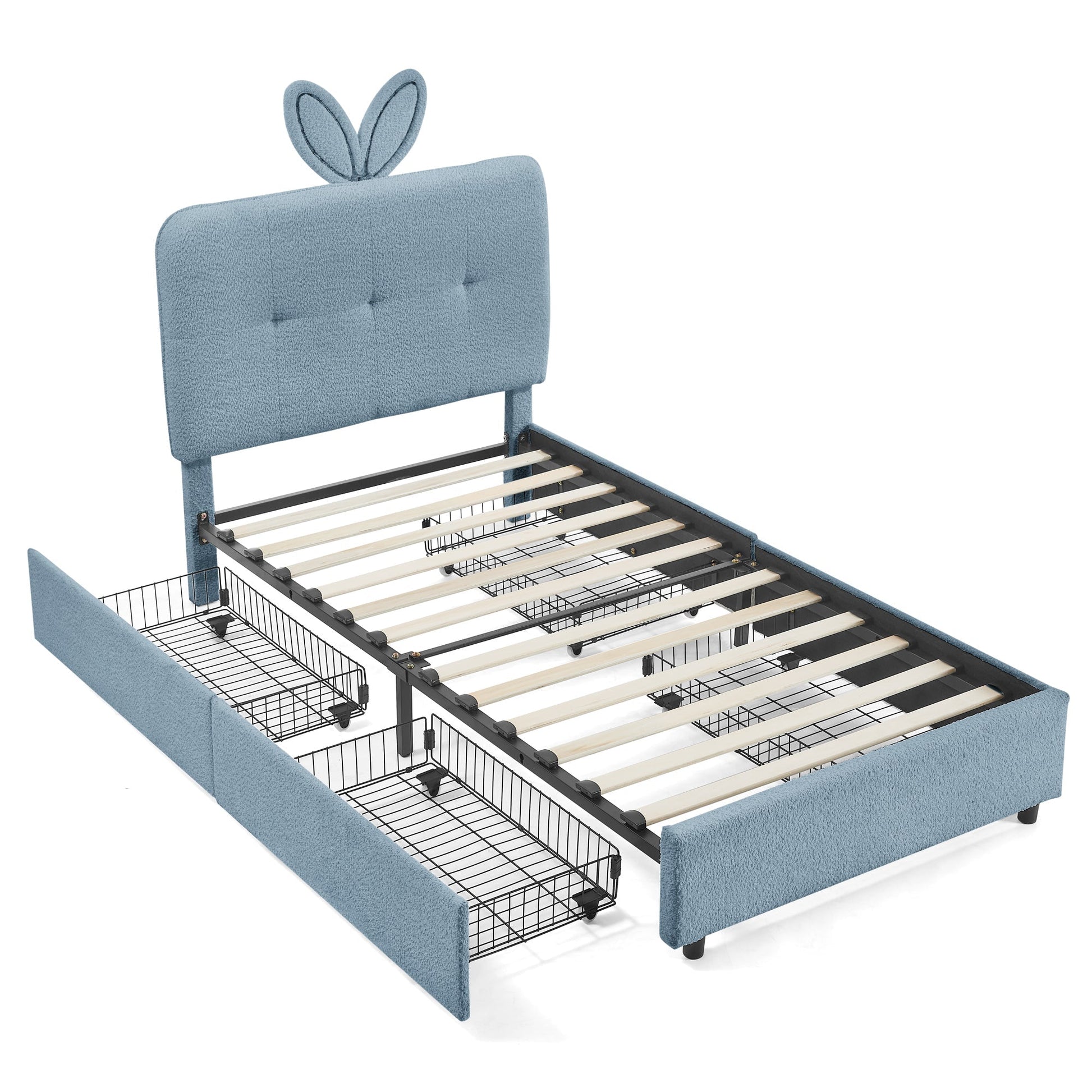 Twin size kids upholstered bed with oversized blue rabbit-ear headboard by HouseOfZazla on Tampa Home & Garden Store