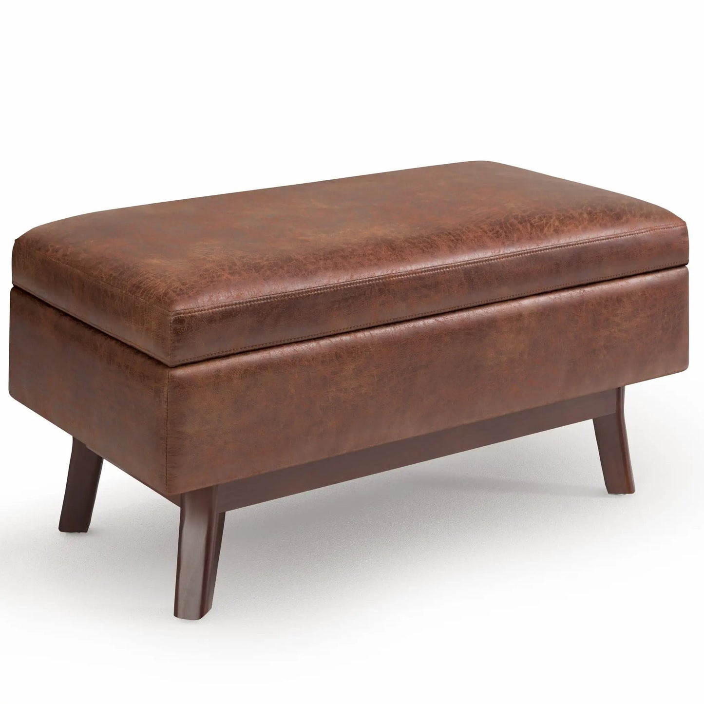 Owen upholstered rectangular storage ottoman in warm brown faux leather with wooden legs on Tampa Home & Garden Store