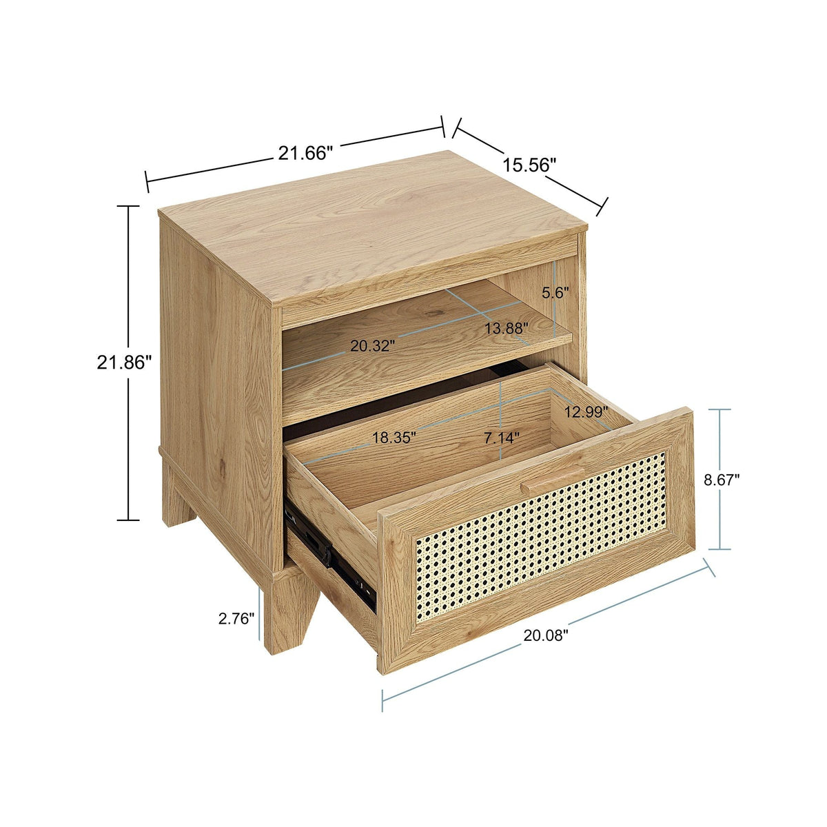 Modern Cane Accent Nightstand with 1 Drawer in light oak finish, cane front, open shelf on Tampa Home & Garden Store