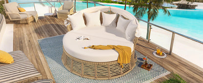 Patio Rattan Round Daybed and Retractable Canopy
