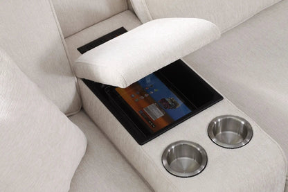 Rene beige sectional sofa with ottoman showing built-in tablet storage and two cup holders on Tampa Home & Garden Store