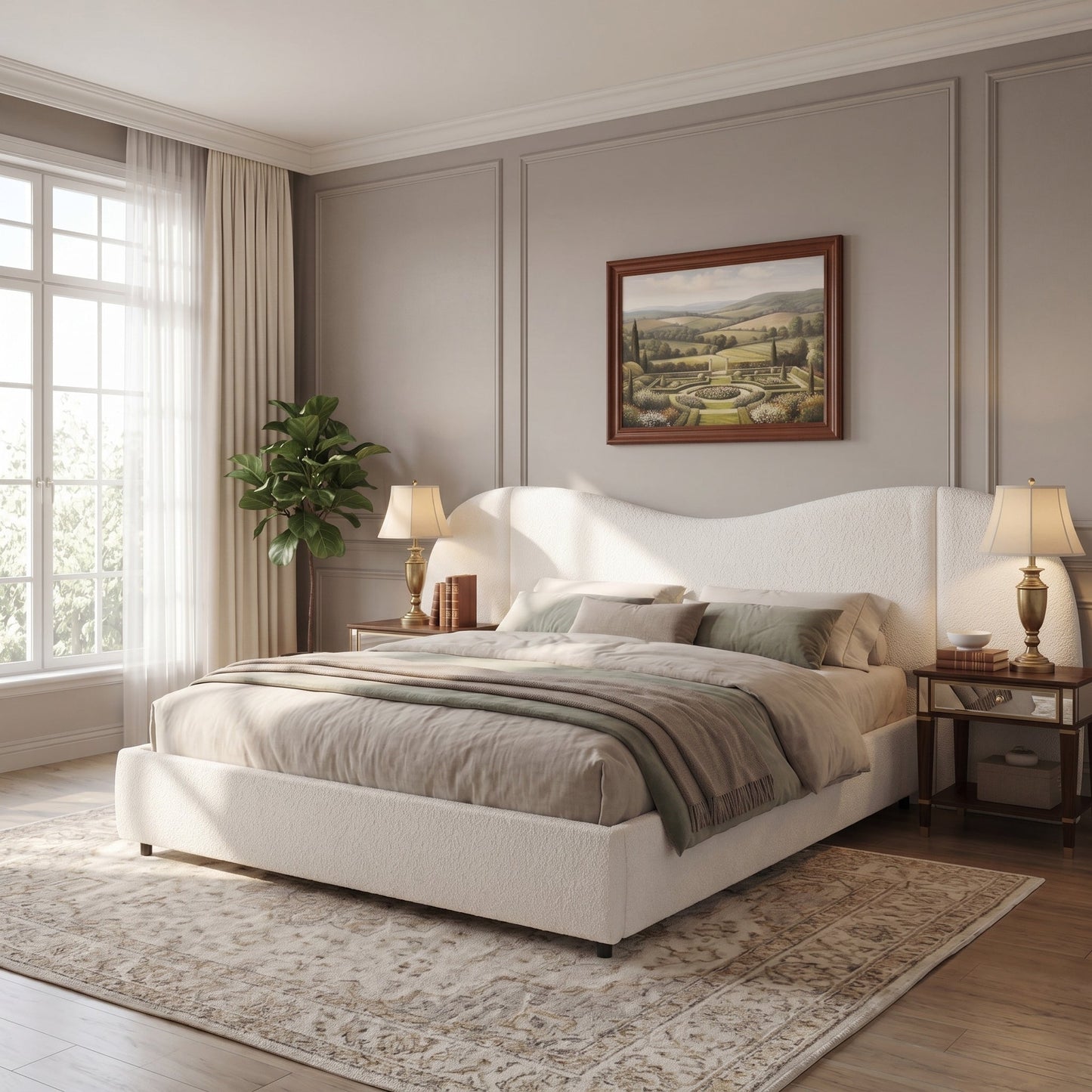 King Size Upholstered Bed with Boucle Headboard