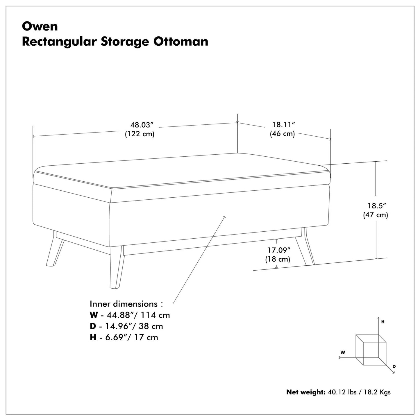 Owen Upholstered Rectangular Storage Ottoman with dimensions and tapered legs on Tampa Home & Garden Store