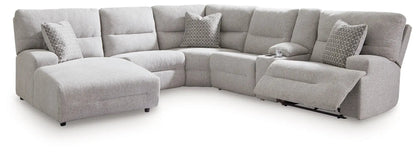 Acklen Place reclining sectional in light gray fabric with a right-side recliner, cupholder console, and 3 gray grid-pattern pillows by Unique Piece Furniture on Tampa Home & Garden Store