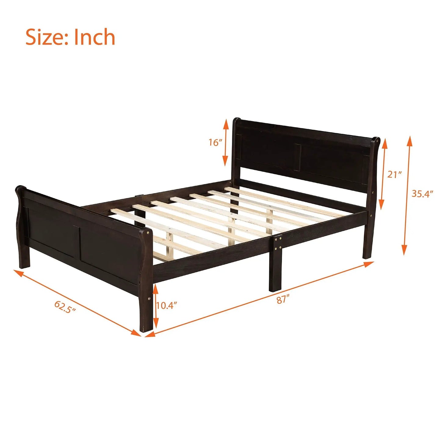 Dark wood platform bed frame with headboard and footboard and wood slat support on Tampa Home & Garden Store