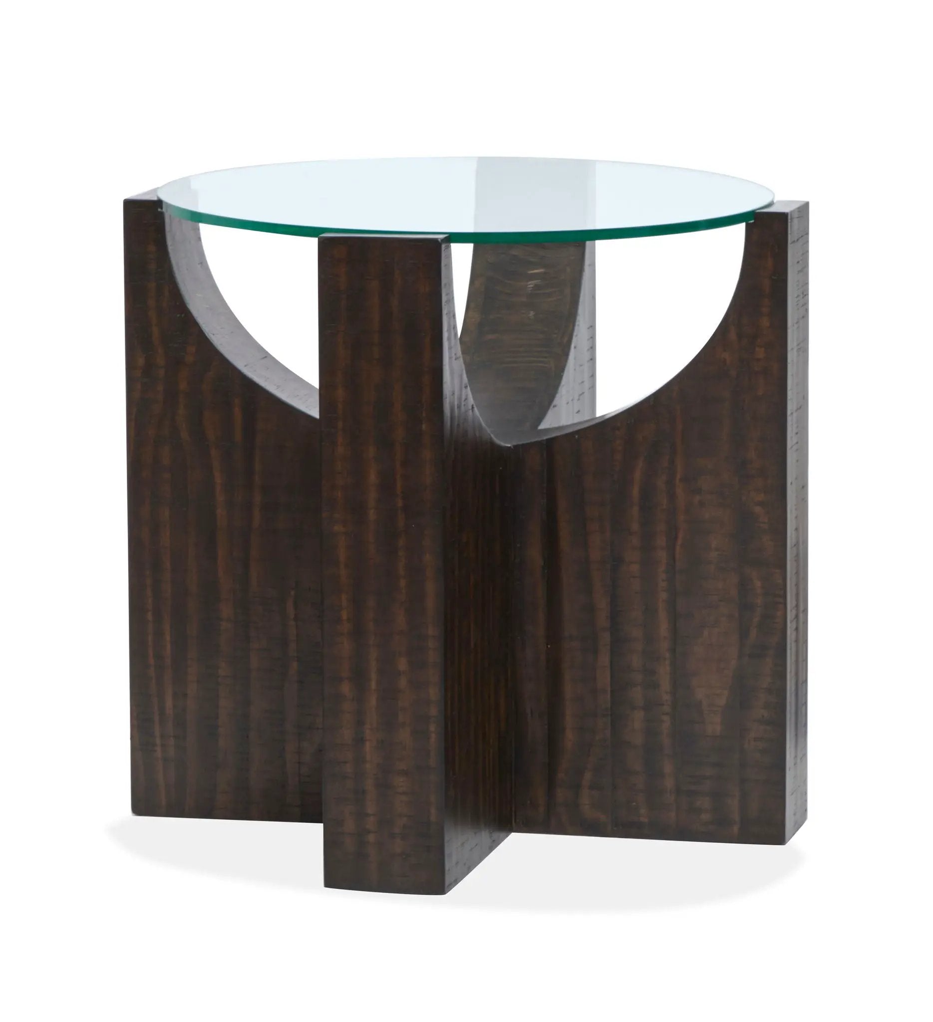 Beckham end tables set of two with round glass tops and dark wood curved bases on Tampa Home & Garden Store