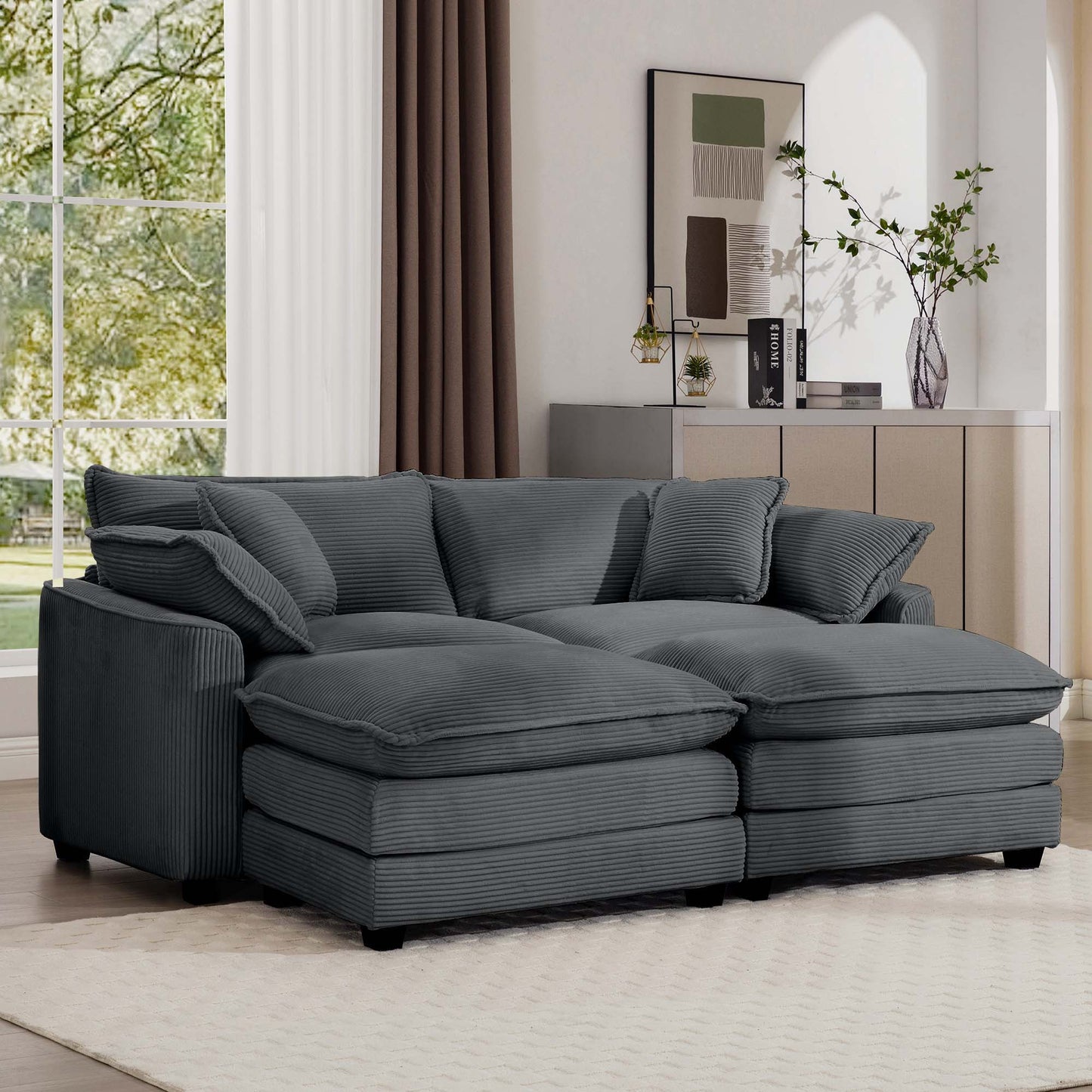 Modern oversized modular cushion sofa in charcoal gray fabric with deep seating and low back on Tampa Home & Garden Store