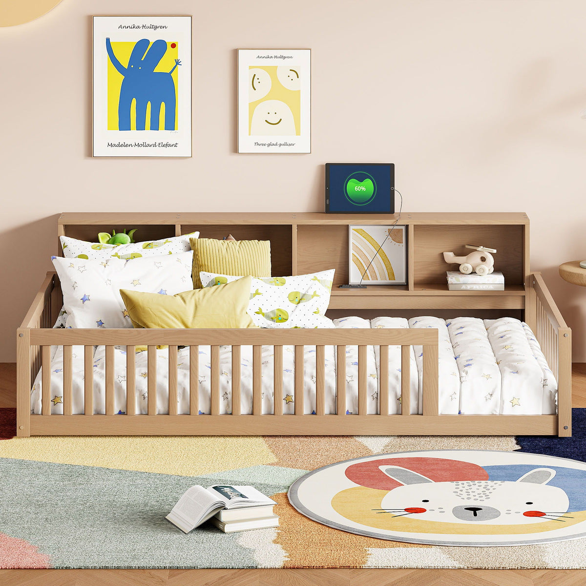 Floor bed with storage cabinets and USB ports by HouseOfZazla in natural wood with starry bedding and wall art on Tampa Home & Garden Store