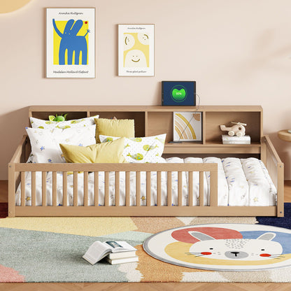 Floor bed with storage cabinets and USB ports by HouseOfZazla in natural wood with starry bedding and wall art on Tampa Home & Garden Store