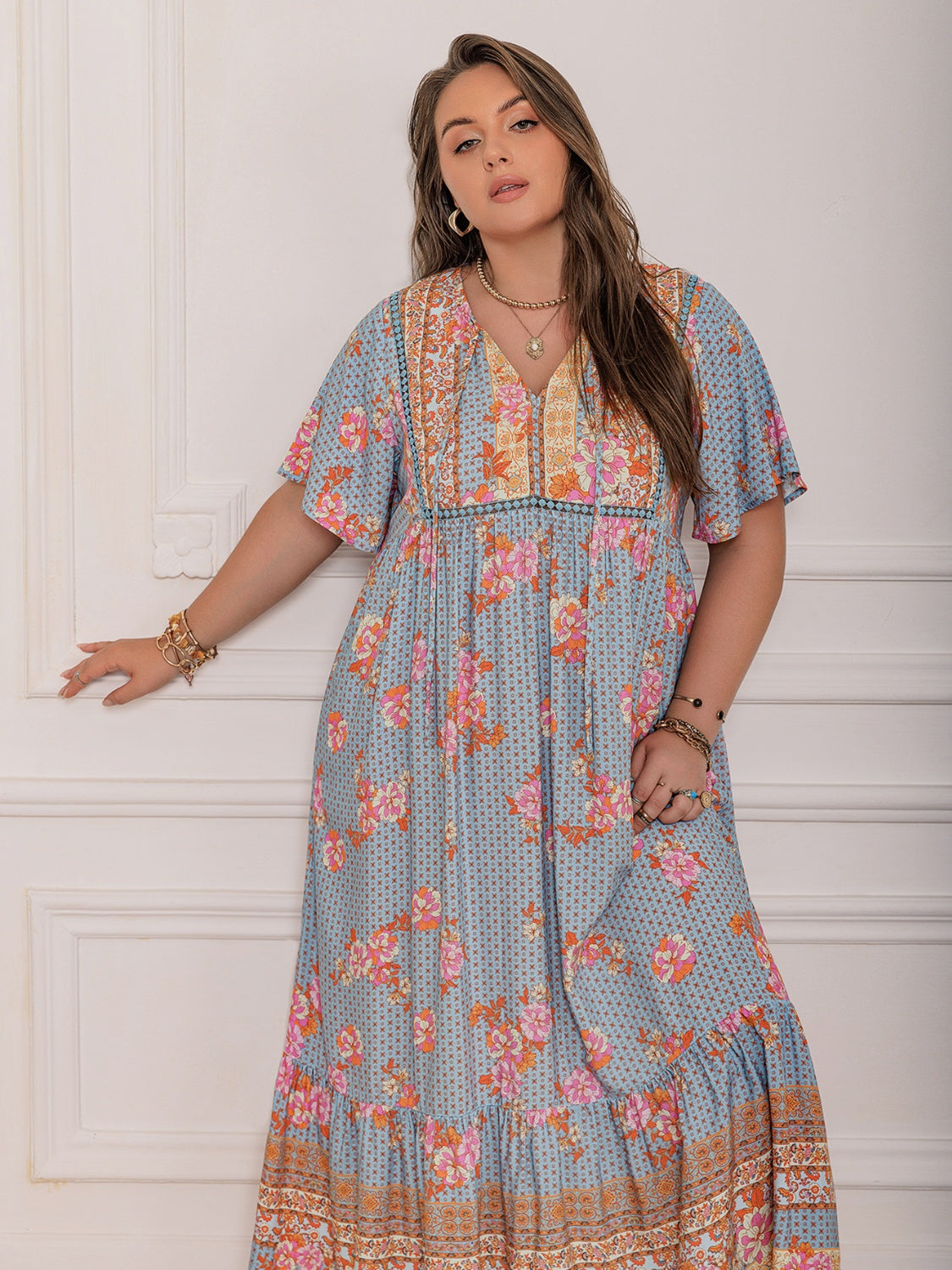 Pink Purple Plus Size Flutter Sleeve Maxi Dress blue floral pattern by Stevvex flowing elegant on Tampa Home & Garden Store