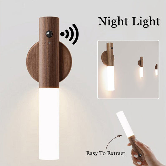 PIR Motion Sensor Night Light - Magnetic wooden LED wall lamp, rechargeable with white LED tube on Tampa Home & Garden Store