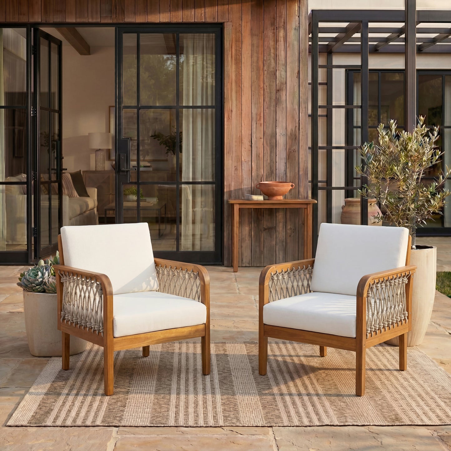 Outdoor Acacia Wood Club Chair With Rope Set of 2