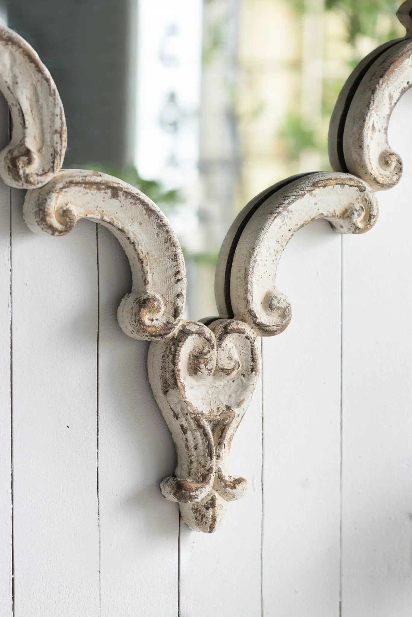 Artistic Diamond Scrollwork Mirror with antique white distressed wood frame and scrollwork on Tampa Home & Garden Store