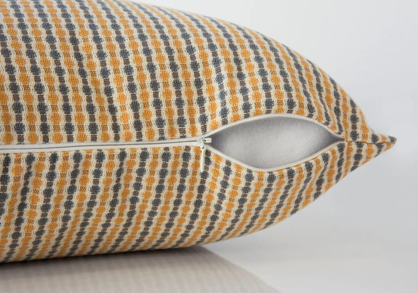 Square decorative throw pillow with orange gray woven pattern, zipper closure, insert included on Tampa Home & Garden Store