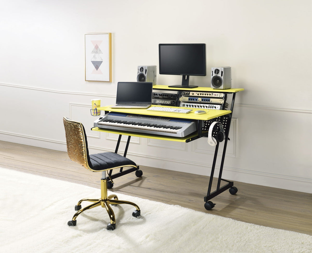 Music recording studio desk with cable management, yellow tabletop on black frame on Tampa Home & Garden Store