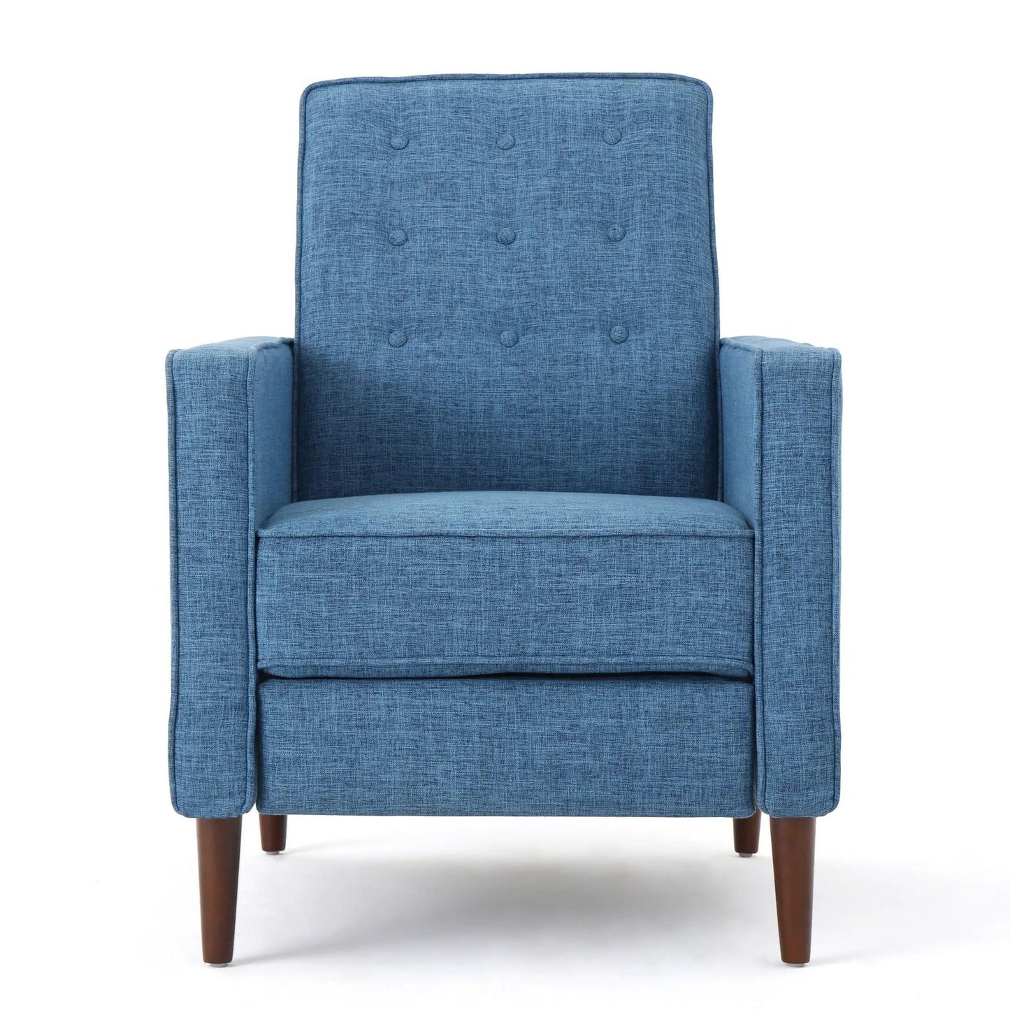 Mid-Century Modern blue recliner with button-tufted back, waffle-stitch fabric and tapered legs on Tampa Home & Garden Store