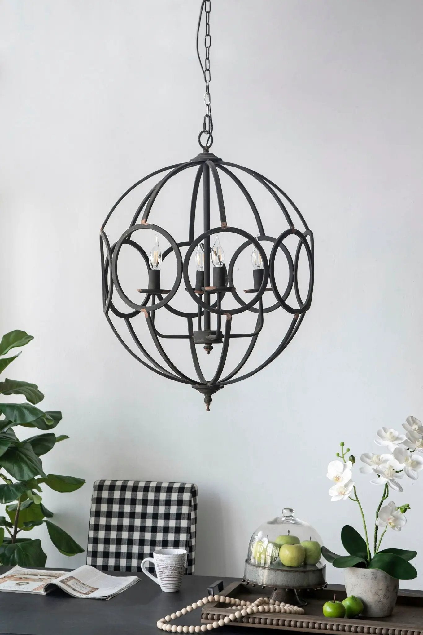 4 Light Black Metal Chandelier with open spherical frame and adjustable chain on Tampa Home & Garden Store