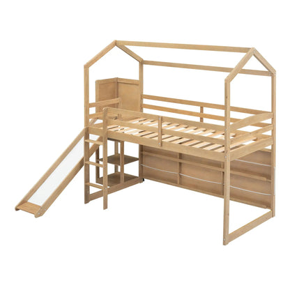 House Loft Bed with Slide and Storage Shelves