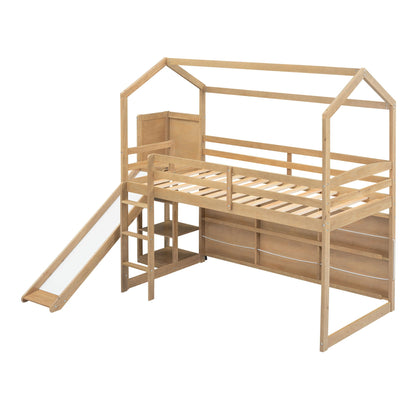 House Loft Bed with Slide, storage shelves and climbing ramp in natural wood finish on Tampa Home & Garden Store