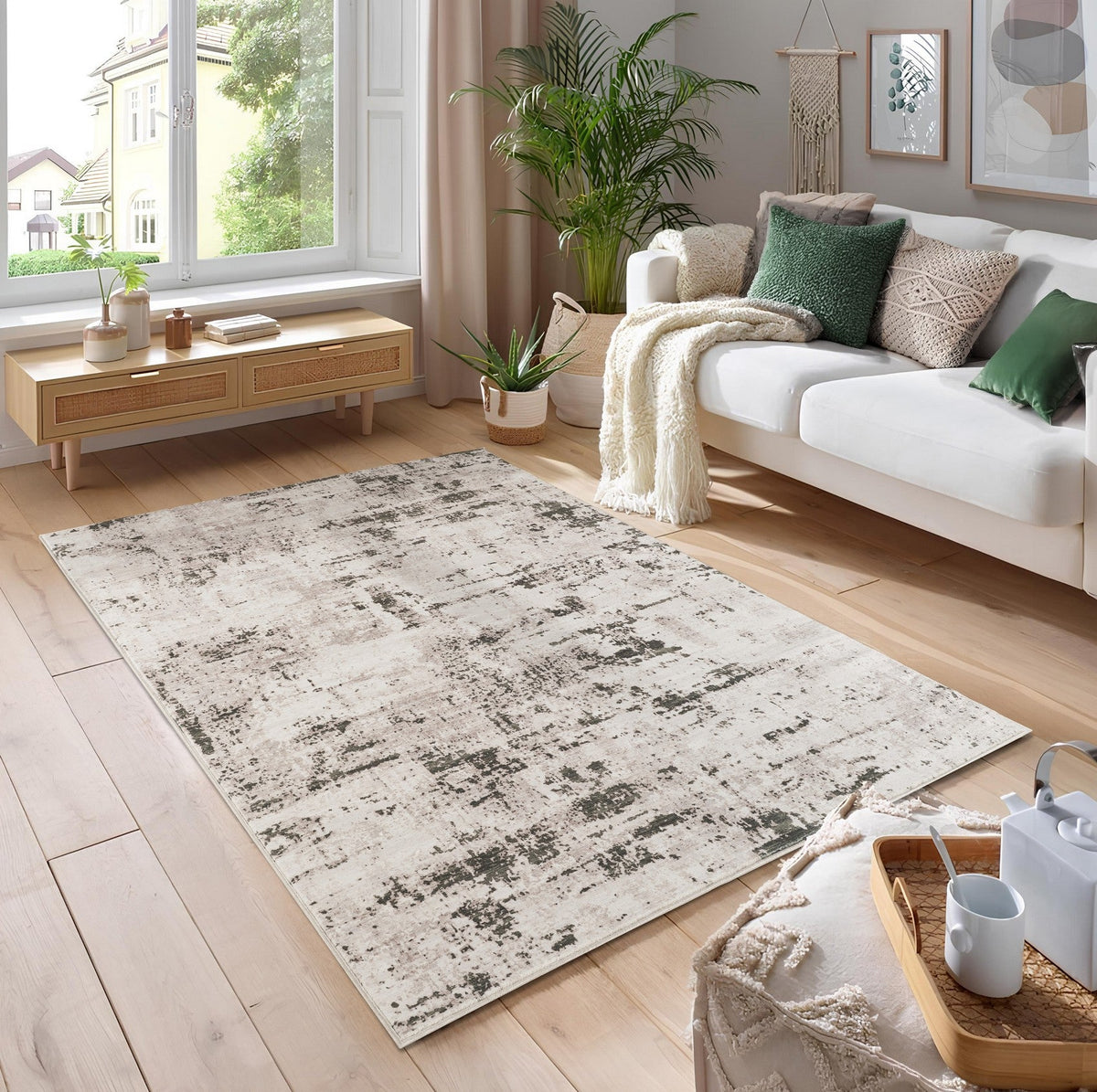 Jewel Contemporary Area Rug by HouseOfZazla for living room, cream with gray pattern on Tampa Home & Garden Store