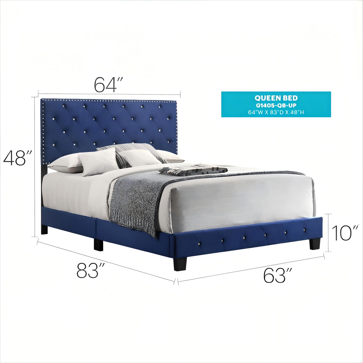 Luxurious Upholstered Bed navy blue tufted headboard with nailhead trim by HouseOfZazla, queen on Tampa Home & Garden Store