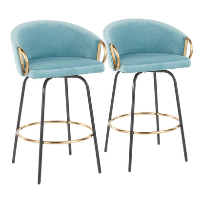 Contemporary glam counter stool set of 2 with light blue upholstered seats and gold ring arms on Tampa Home & Garden Store