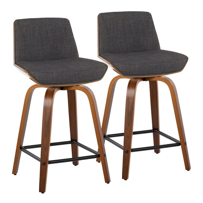 Pair of mid century modern counter stools with padded gray upholstery and curved wood legs on Tampa Home & Garden Store