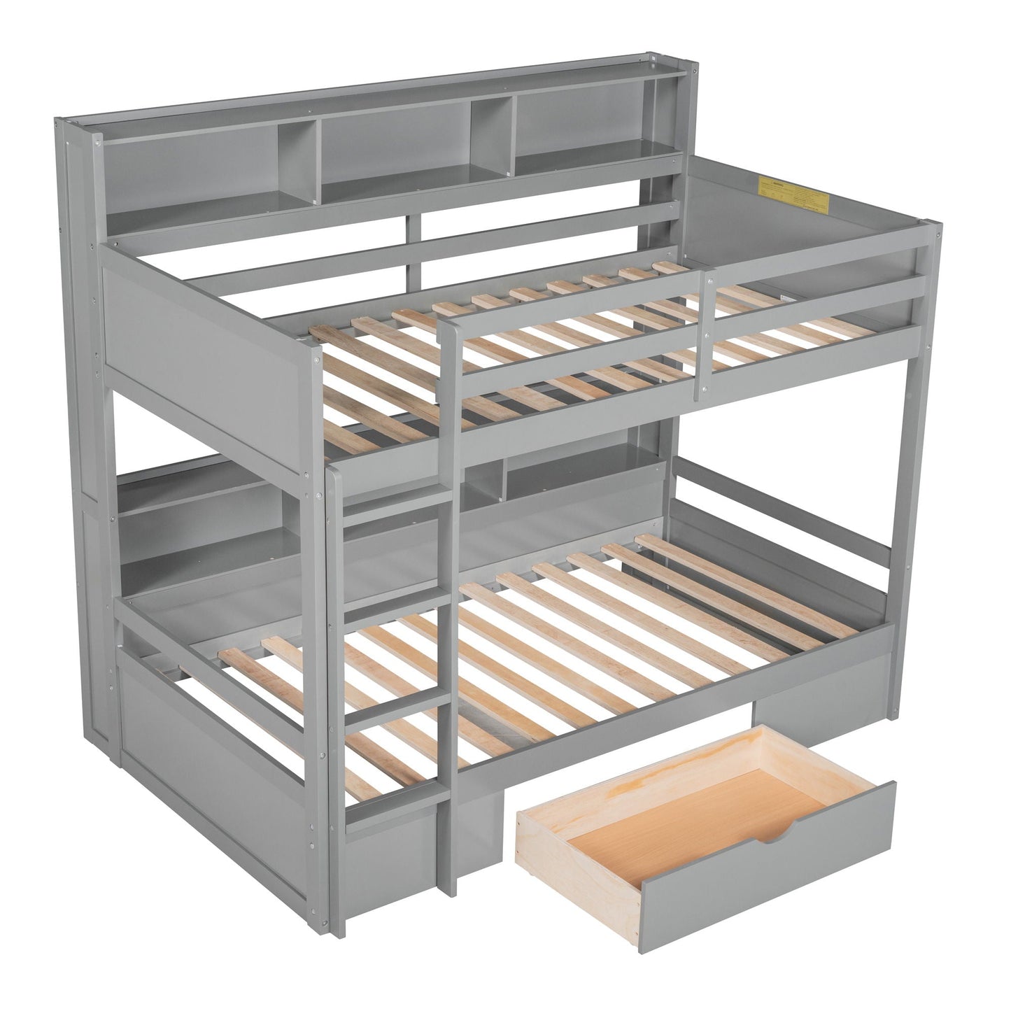 HouseOfZazla twin bunk bed with built-in shelves beside bunks and storage drawer gray metal on Tampa Home & Garden Store