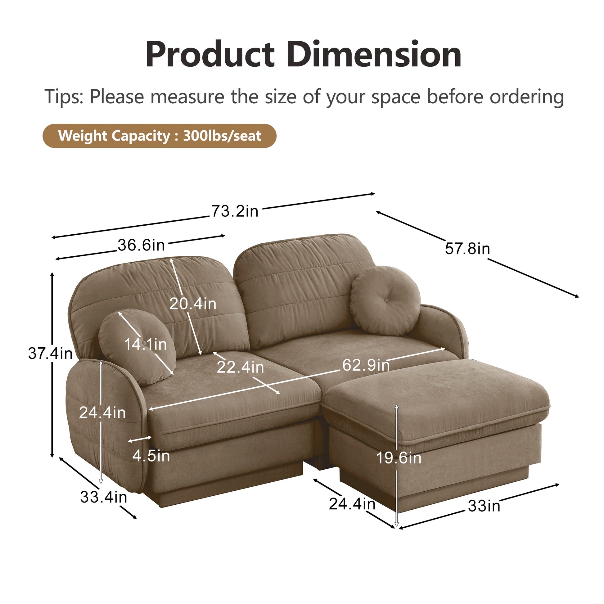 HouseOfZazla Chenille Cloud L-Shaped Loveseat Sofa in taupe fabric, 2-piece chaise on Tampa Home & Garden Store