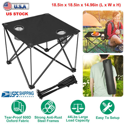 GemGear 2Pcs Foldable Camping Table with black fabric top, 2 cup holders, carrying bag on Tampa Home & Garden Store