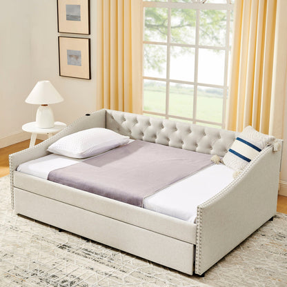 Upholstered daybed with USB charging and pull-out bed by HouseOfZazla in light gray fabric on Tampa Home & Garden Store