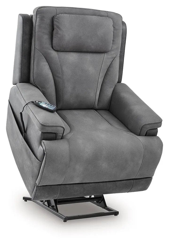 4Z-Peaceful Pause Power Lift Recliner gray leatherette with remote on arm metal base on Tampa Home & Garden Store