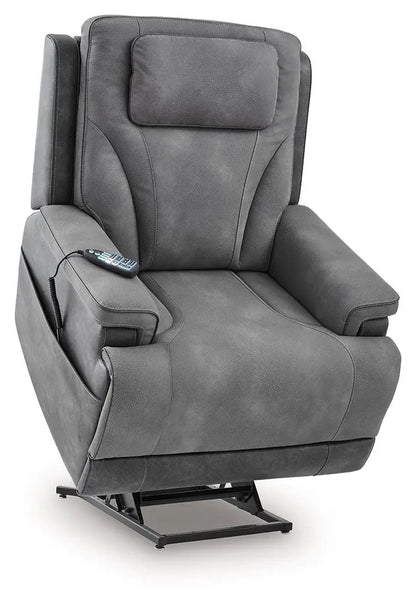 4Z-Peaceful Pause Power Lift Recliner gray leatherette with remote on arm metal base on Tampa Home & Garden Store