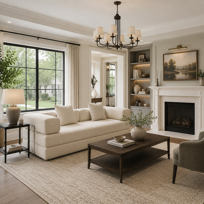 Double Sofa Bed in cream fabric by HouseOfZazla with plush cushions in a living room on Tampa Home & Garden Store
