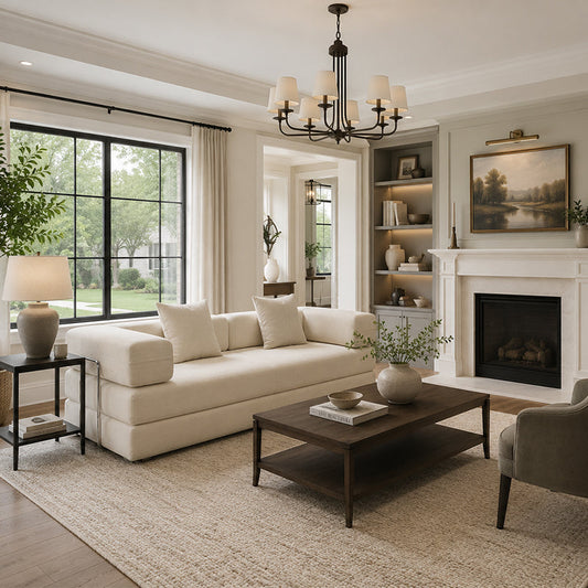 Double Sofa Bed in cream fabric by HouseOfZazla with plush cushions in a living room on Tampa Home & Garden Store
