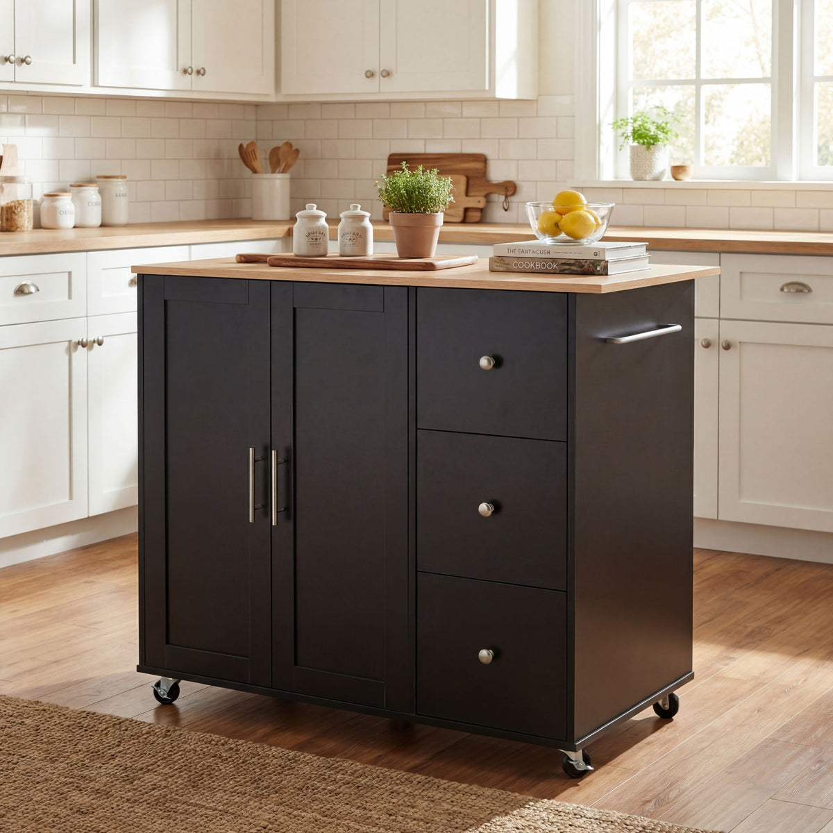 Mobile kitchen cart with storage, 2 doors & 3 drawers, black/natural finish on casters on Tampa Home & Garden Store