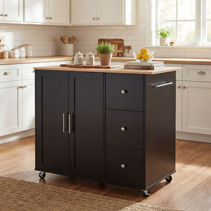 Mobile kitchen cart with storage, 2 doors & 3 drawers, black/natural finish on casters on Tampa Home & Garden Store