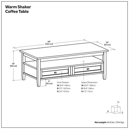 Warm Shaker Coffee Table by Unique Piece Furniture with two drawers, 48x24x18 in on Tampa Home & Garden Store