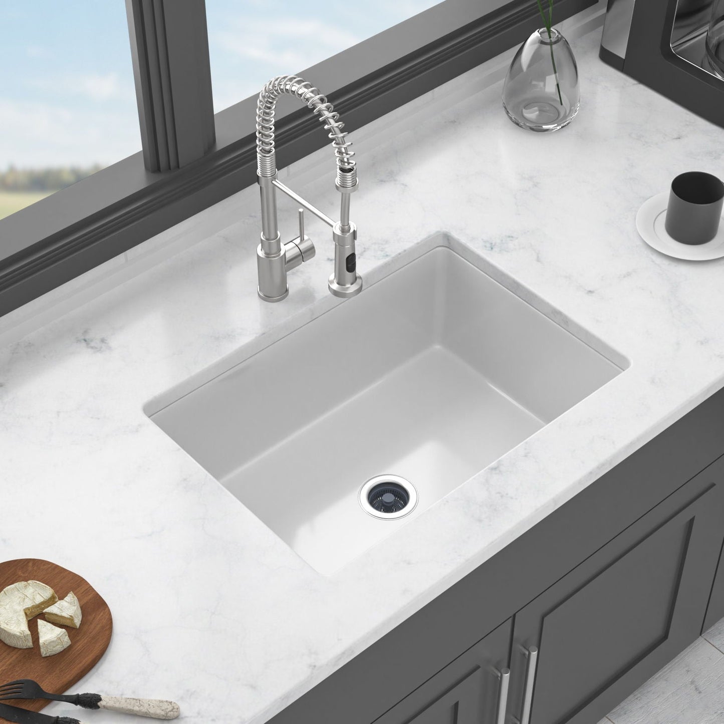 Rectangular deep single-bowl undermount kitchen sink with chrome faucet on marble counter on Tampa Home & Garden Store