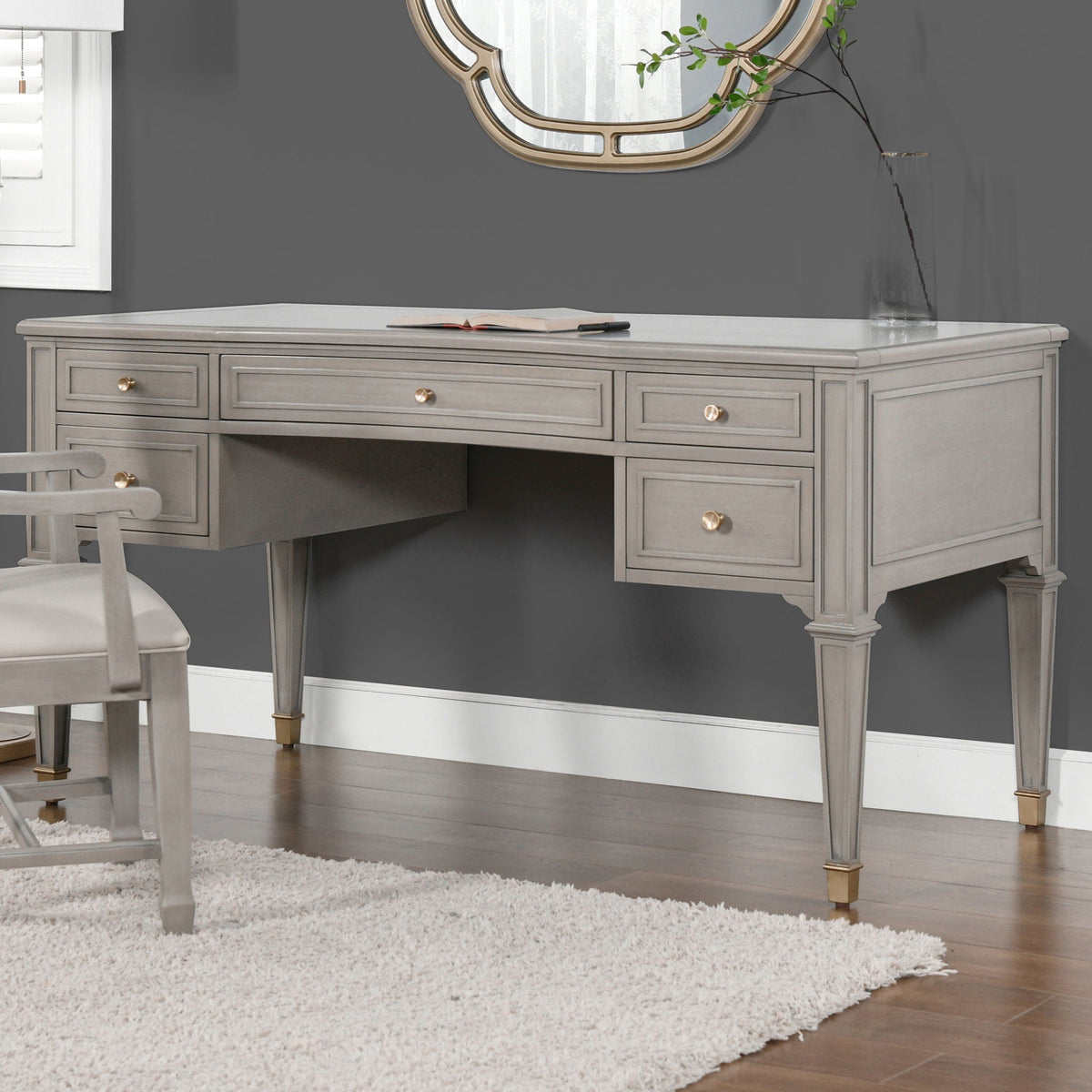 Dauphin 5-drawer executive desk in gray rubberwood with brass knobs by HouseOfZazla on Tampa Home & Garden Store